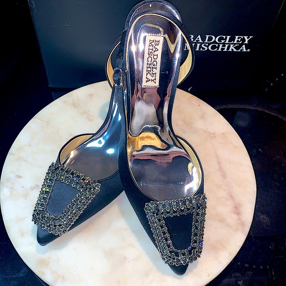 Badgley Mischka Shoes - BADGLEY MISCHKA ENIDA POINTED EMBELLISHED SLIPON SLINGBACK PUMPS NEW 8 1/2 BLACK